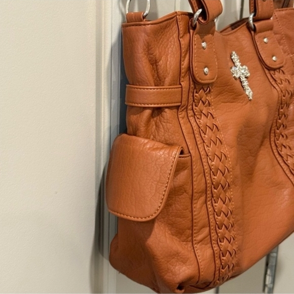 Women’s Tan Tote Bag with Decorative Cross - Picture 12 of 13